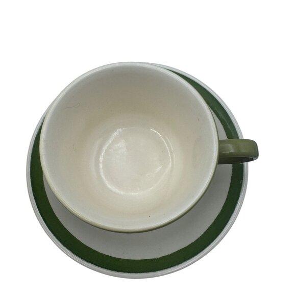 Set Of Two Ceramic Teacups With Matching Saucers Green And White Accent Design - Picture 3 of 6